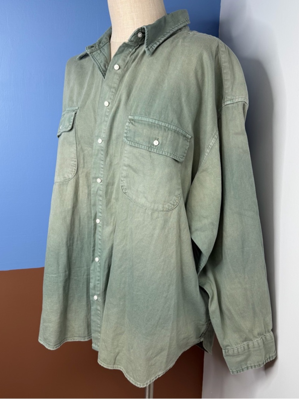 Aerie Olive Green Faded Button Up Cotton Twill Shacket Oversized NWT‎ Size Large